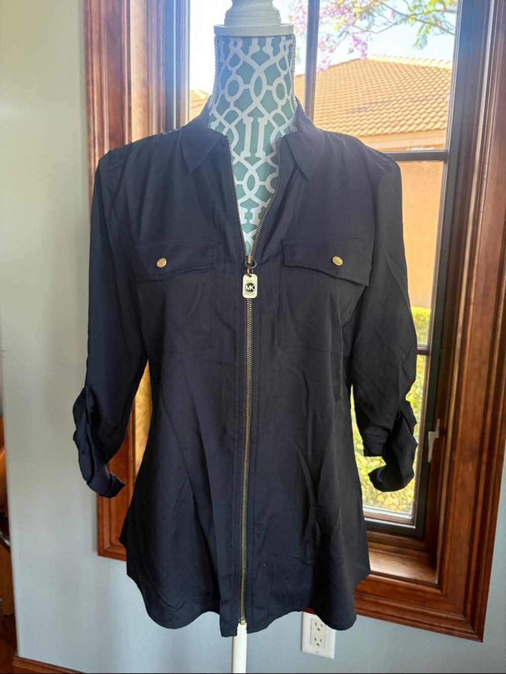 Black Zip-Front Utility Shirt with Gold Accents